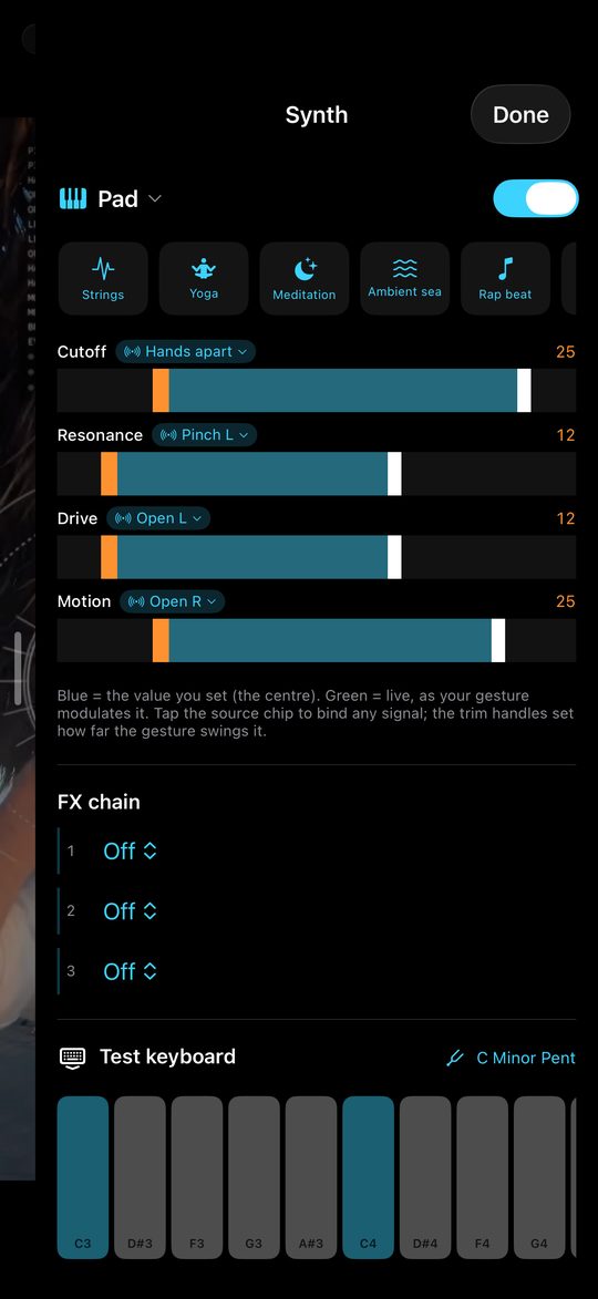The synth: gesture-bound parameters, FX chain, presets